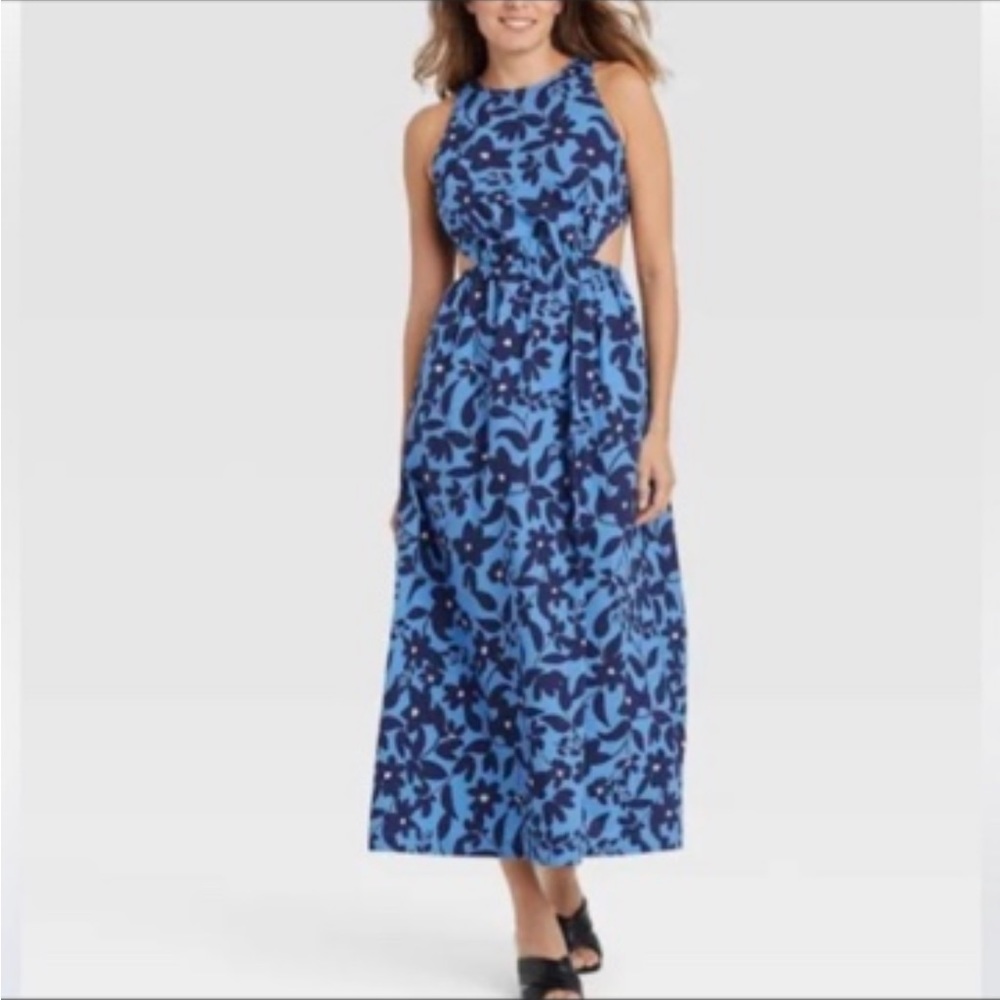 Who What Wear Blue Floral Cutout Maxi Dress